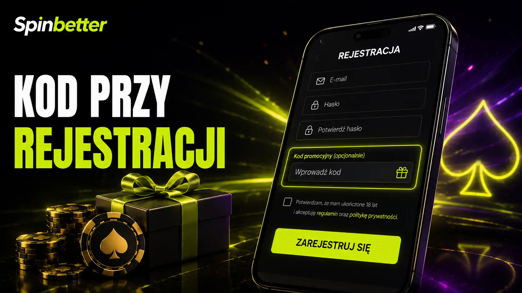 Wybór waluty konta i pole na kod promocyjny w formularzu SpinBetter
