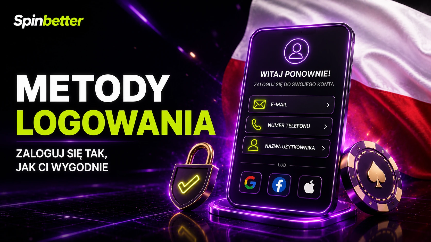 Formularz logowania SpinBetter z wyborem e-maila, numeru i identyfikatora