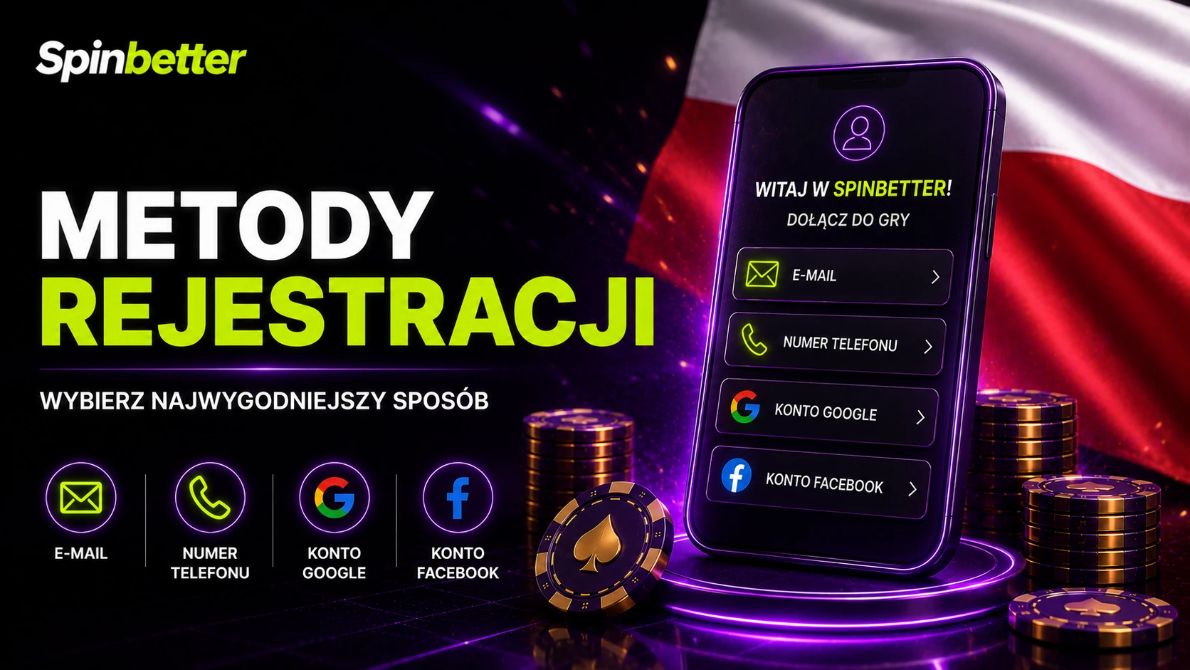 Cztery metody zakładania konta SpinBetter w formularzu rejestracji